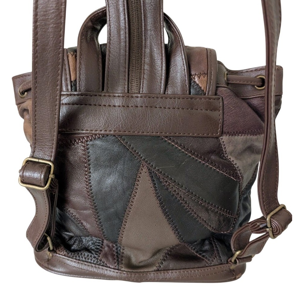 Small Brown Leather Patchwork Backpack Purse Boho… - image 3